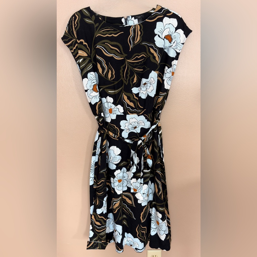 Ann Taylor Factory Black Floral Linen Midi Dress